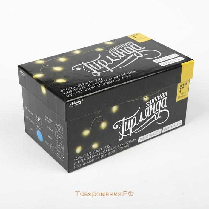 Гирлянда «Бахрома» 3 × 0.9 м, IP44, УМС, белая нить, 232 LED, свечение синее, 220 В