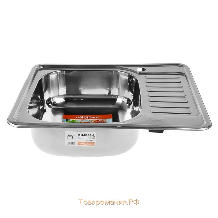 Мойка кухонная Accoona AB4858-L, врезная, левая, толщина 0.6 мм, 580х480х165 мм, глянец
