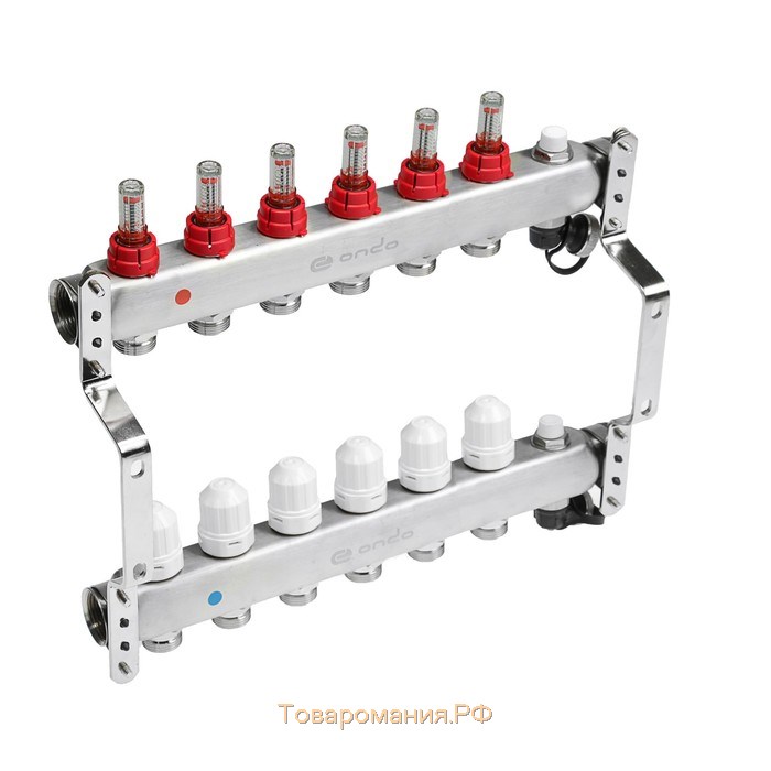 Коллекторная группа ONDO, 1"х3/4", 6 выходов, с расходомерами, нержавеющая сталь