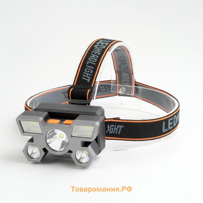 Фонарь налобный аккумуляторный, 1000 мАч, 5 Вт, 3 LED, 4 режима, USB