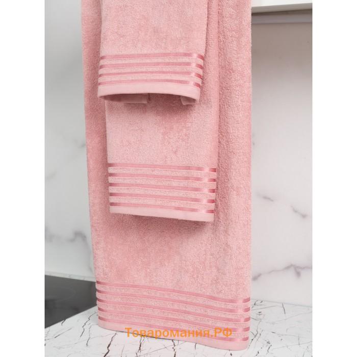 Полотенце махровое, размер 40x70 см, розовое с бордюром полоса
