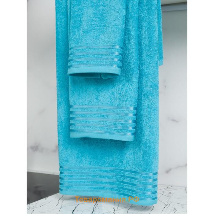 Полотенце махровое, размер 40x70 см, синее с бордюром полоса