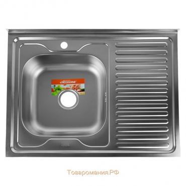Мойка кухонная Accoona AC6080-L, накладная, левая, толщина 0.6 мм, 800х600х165 мм, декор