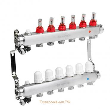 Коллекторная группа ONDO, 1"х3/4", 6 выходов, с расходомерами, нержавеющая сталь