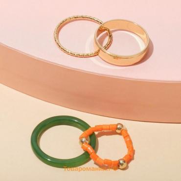 Кольцо набор 4 штуки "Джипси" 1 на фалангу, бисер, цвет зелёно-оранжевый в золоте, размер 15-16