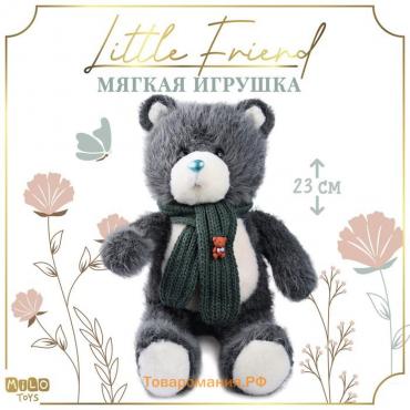 Мягкая игрушка на новый год Little Friend, мишка с зелёным шарфом, цвет темно-серый , 23 см